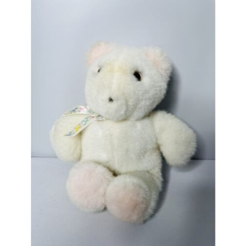 Vintage Eden White Teddy Plush Stuffed Animal Pink Ears Feet Pastel Horses Bow